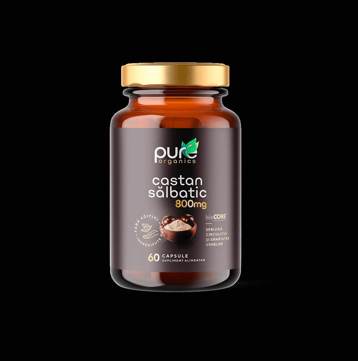 Castan Sălbatic BioCORE™ 600mg PureOrganics — flacon 60 capsule pullulan